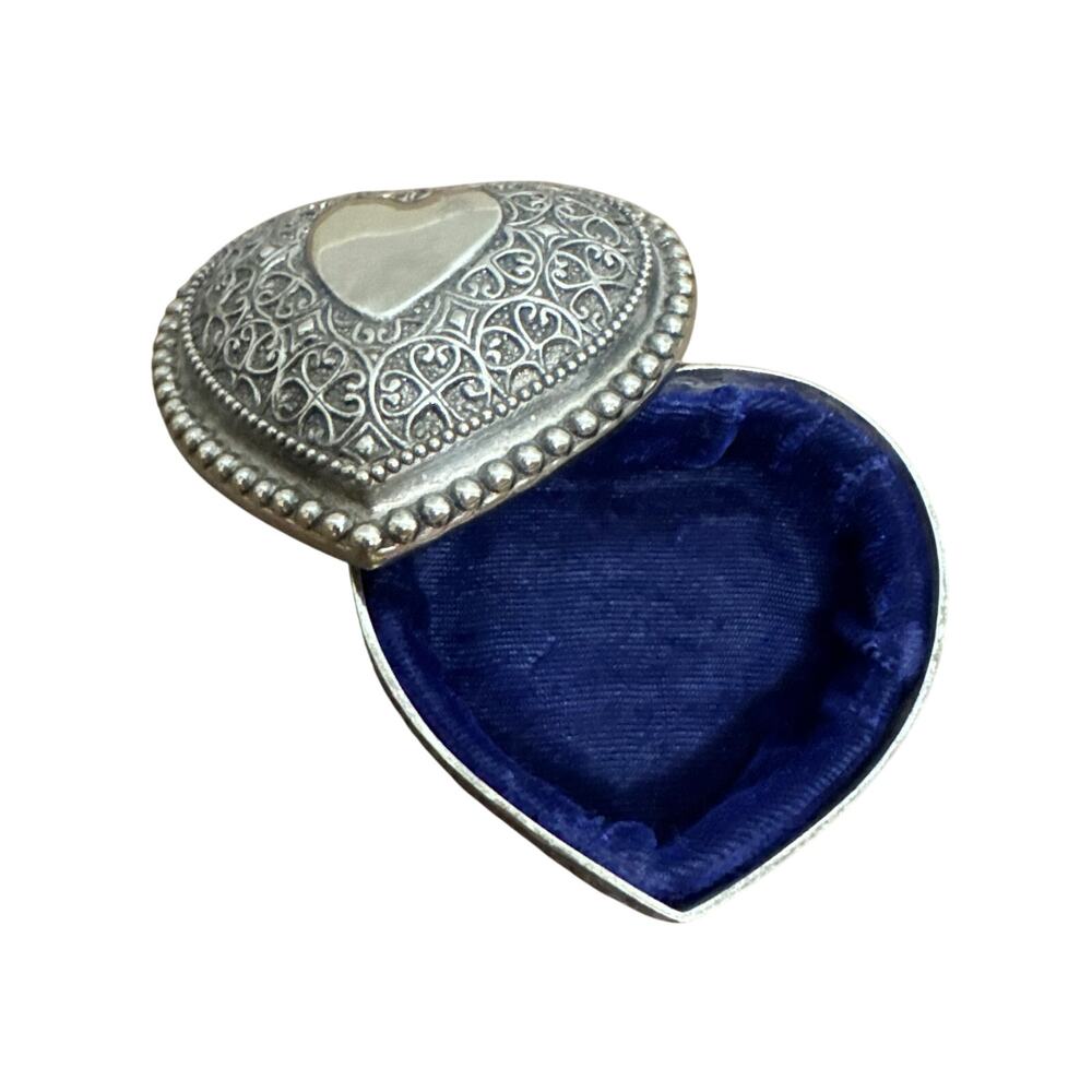 VTG Silver Metal Heart Shaped Trinket Ring Jewelry Box W/ Lid Blue Cloth Inside